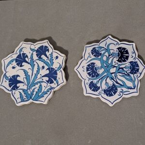 Hand-Painted Blue Floral Ceramic Coasters- Set of 2